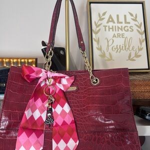 Burgundy Croc-Embossed Tote with Pink Scarf